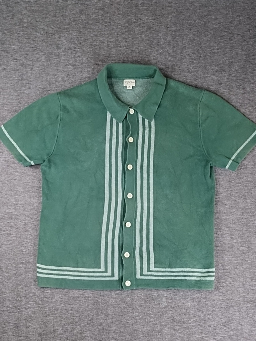J. Crew Green Short-Sleeve Button Down Shirt with Lighter Stripe Trim